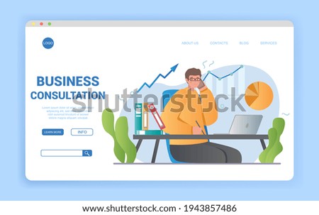 Business Consultation with a broker or advisor using a smartphone and laptop in his office in a series depicting different professions, flat cartoon vector design illustration for website landing page