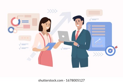 Business consultation concept with a young woman and businessman using a tablet and laptop to communicate over the internet with graphs and charts, vector illustration