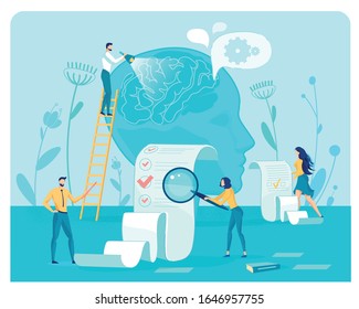 Consultoría de negocios y Análisis de Desarrollo de Empresas, Auditoría Financiera y Revisión. Personajes de Caricaturas de Empresarios Comprobando y Analizando Informes y Cuentas. Ilustración de vectores planos.