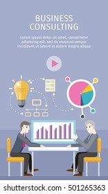 Business consulting concept. flat style. Expert provides advice and analyzes the financial results of the client. Bulb, network, diagram icons. Illustration for consulting company, career courses ad