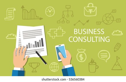 Business Consulting Concept. Flat Style Web Banner With Doodle Icons In Background, Top View. Vector Illustration.