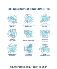 Business consulting concept icons set. Business challenges idea thin line RGB color illustrations. Market transformation. Customer journey mapping. Vector isolated outline drawings. Editable stroke