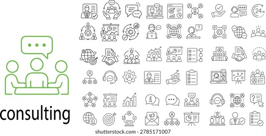 Business Consulting and Corporate Advisory Linear Vector Icon Set Featuring Group Meeting, Presentation Board, Speech Bubble, Global Strategy, Analytics Chart, and Customer Support UI Elements of problem solving, handshake agreement, checklist assessment, financial growth, headset operator, user profile, project planning, management consulting.