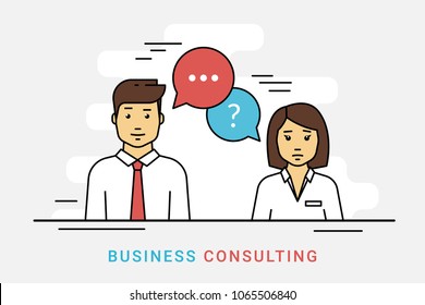 Business consulting and corporate solution. Flat line vector contour illustration of business woman and consultant with question and idea speech bubbles on gray. Financial support and expert advice Business consulting and corporate solution. Flat line vector contour illustration of business woman and consultant with question and idea speech bubbles on gray. Financial support and expert advice
