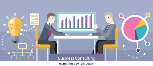 Business consulting design flat. Consulting services, business meeting, management and brainstorming, strategy teamwork, people meeting, financial team illustration