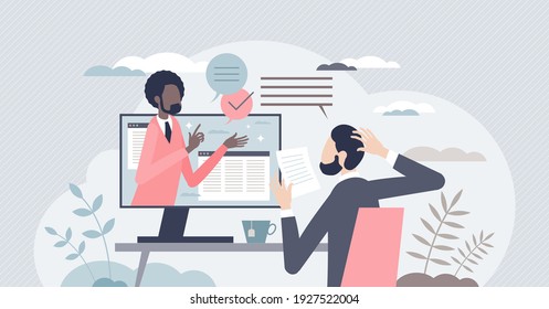 Business consulting with expert help and financial advice tiny person concept. Find solutions with online coaching for professional company support vector illustration. Corporate analysis service.