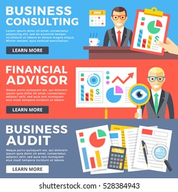 Business consulting, financial advisor, business audit flat illustration concepts set. Flat design graphic for web sites, web banners, printed materials, infographics. Modern vector illustrations