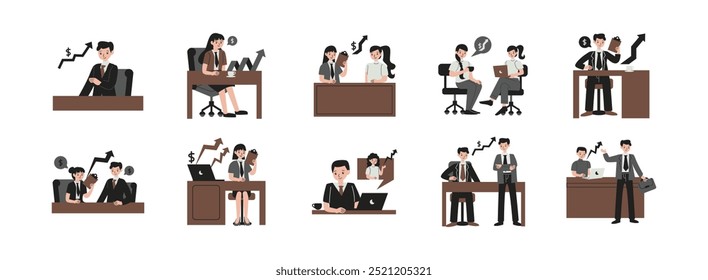 Conjunto de ilustrações simples da Business Consulting. Incluem profissionais, consultoria, planejamento do funcionário, executivo e advogado. Ilustração vetorial isolada.