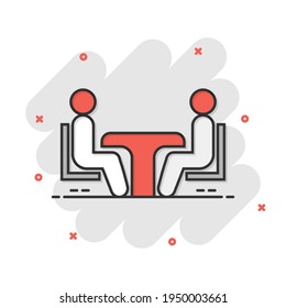 Business consulting icon in comic style. Two people with table vector cartoon illustration on white isolated background. Restaurant dialog business concept splash effect.