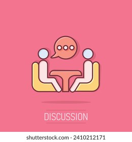 Business consulting icon in comic style. Two people with table vector cartoon illustration on white isolated background. Restaurant dialog business concept splash effect.