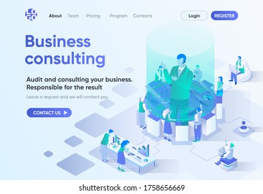 Business Consulting isometrische Landing Page. Kompetente Expertise und Unterstützung, professionelle Audit. Vorlage für Unternehmensberatung für CMS und Website Builder. Ich habe eine Szene mit Menschen Charaktere.