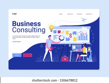 Business consulting landing page, researching strategy. Businessman cooperation, consultant and solution service, people communication technology vector. Website template, people near clipboard