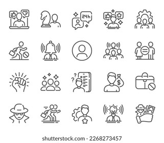 Business consulting line icons. Chess strategy, Fraud thief and Equality set. Profile headshot, job competition and empowerment protest icons. Squad group, business strategic, unemployed. Vector