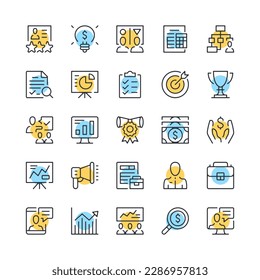 Iconos de línea de consultoría empresarial. Conjunto de iconos de asesoramiento empresarial. Color negro, azul y amarillo. Diseño gráfico de contorno moderno. Conjunto de iconos de línea de vector