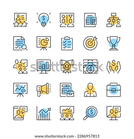 Business consulting line icons. Set of business advisory icons. Black, blue and yellow colors. Modern outline graphic design. Vector line icons set