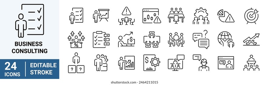 Business Consulting line web icons. teamwork, co-workers, cooperation. Business training. Editable stroke.