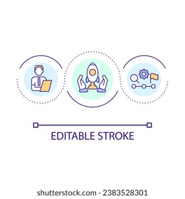 Business Consulting Loop Concept Icon. Entwicklung einer Strategie. Erreichen Sie Ziele. Professionelle Unterstützung abstrakte Idee dünne Linie Illustration. Einzeln Umrisszeichnung. Bearbeitbarer Strich. Arithmetik verwendet