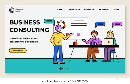 Business consulting, man teaching workers at seminar. Whiteboard with diagrams and structured information. Colleagues with laptops discussing information from board, website template, page vector
