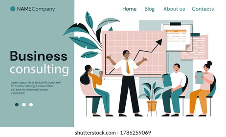 Business Consulting page template with businessman giving a presentation to a diverse group of people, colored vector illustration. Web site template