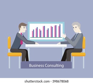 Business consulting. People on negotiations. Two businessman sitting on the chairs at the negotiating table and discussing business graph or chart, consultation in the office. Vector illustration