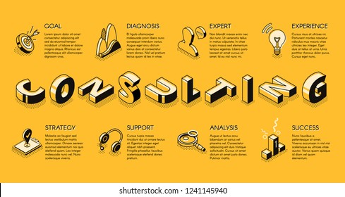 Business consulting services line art, isometric vector banner. Expert support in financial analysis, management and strategical planning concept. Investment company, business courses landing page