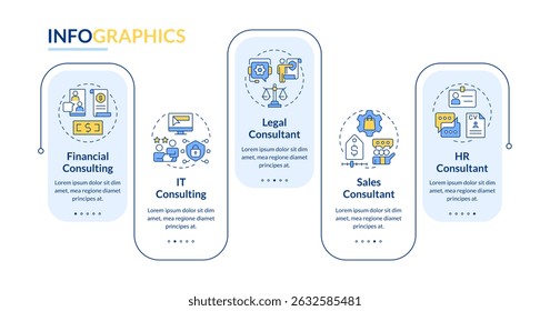 Vector de infografía de rectángulo de servicios de consultoría de negocios. Sistema de justicia, ciberseguridad. Visualización de datos con 5 pasos. Gráfico de opciones rectangulares editable