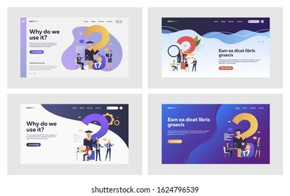 Business consulting set. Businesspeople meeting and talking, question mark. Flat vector illustrations. Teaching, learning, training concept for banner, website design or landing web page