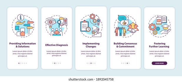 Business consulting stages onboarding mobile app page screen with concepts. Providing information, diagnosis walkthrough 5 steps graphic instructions. UI vector template with RGB color illustrations