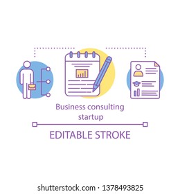 Business consulting startup concept icon. Training program. Refresher courses. Study in college. Higher education idea thin line illustration. Vector isolated outline drawing. Editable stroke