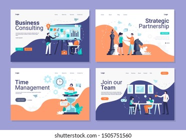 Business Consulting, Strategic Partnership, Time Management, Join our Team Horizontal Banner Set. Male and Female Office Employees Characters at Working Situations. Cartoon Flat Vector Illustration.