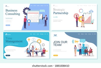 Business consulting, strategic partnership, time management, join our team webpage template. Business development processes and relationships, planning organization landing page with office characters