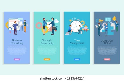 Business consulting, strategic partnership, time management, join our team app slider set. Company profit, development and communication with laptop vector. Webpage or website template flat style