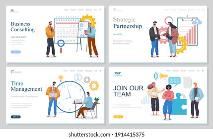 Business consulting, strategic partnership, time management, join our team, landing page of website, organizing office time, successful deal, promotion in social networks, planning business meetings