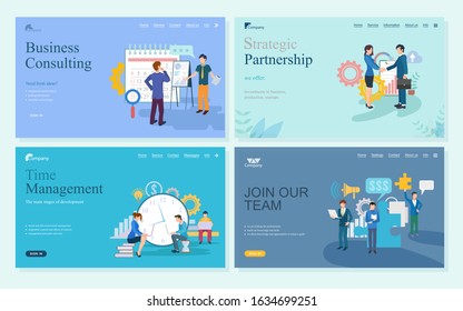 Business consulting, time management, strategic partnership, join team. Company startup and investment, looking for professional, development online vector. Webpage template, landing page flat style