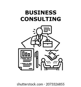 Concepto de icono del vector de consultoría empresarial. Consultoría Comercial Y Asesoramiento Profesional De Consultor Empresarial, Investigación De Documentos Financieros Y Acuerdo. Ilustración negra de la estrategia de planificación