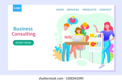 Business consulting webpage with teamwork brainstorming and communicating with laptop. Workers characters using computer and discussing graph report vector. Website or webpage template flat style