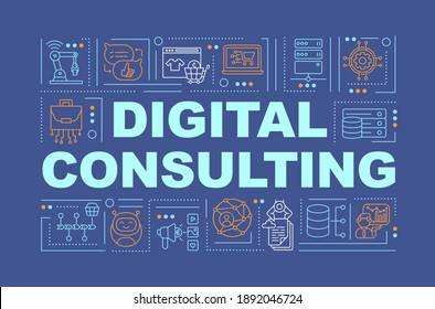 Business consulting word concepts banner. Infographics with linear icons on blue background. Creating algorithm for building successful work isolated typography. Vector outline RGB color illustration