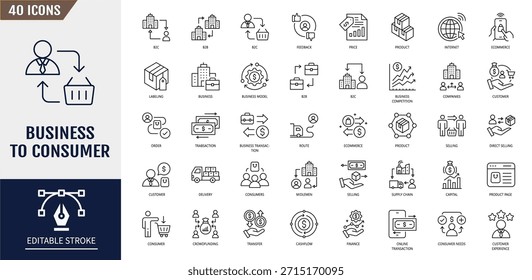 Business to consumer icon set. Containing business model, customer, service, selling, product, direct selling, retailer and more. Vector illustration