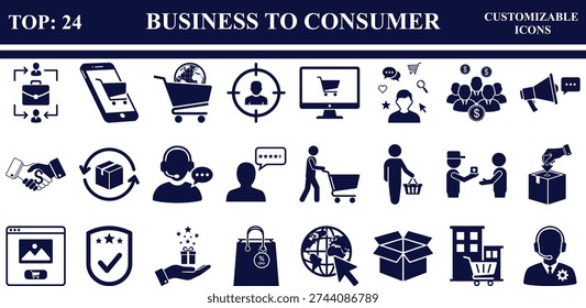 Business to Consumer Icon Set featuring 24 modern B2C e-commerce and retail symbols for digital use.