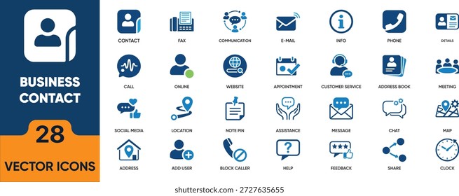 Business Contact and Communication Management Flat Icon Set. Editable icons of fax, Communications, email, info, phone and more. Vector illustration.