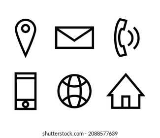 Business contact icon set, simple black line design on white background.