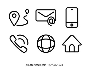 Business contact icon set, simple black line design on white background.