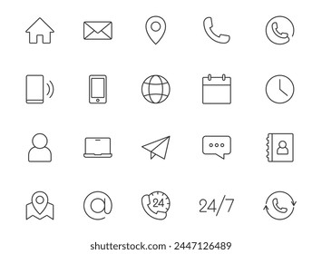 Business contact icons set. Phone symbol. Email sign. Online chat web icon. Company information. Location, address or map pictogram.