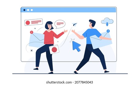 Business contact send email for contract sign order of product. Mailbox show number of notification mail reply incoming and outgoing SMS, chat, Social network. Vector illutration flat style