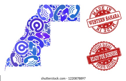 Business Contacts collage of blue mosaic map of Western Sahara and rubber stamps. Vector red imprints with grunge rubber texture have MADE IN and READY FOR BUSINESS texts.