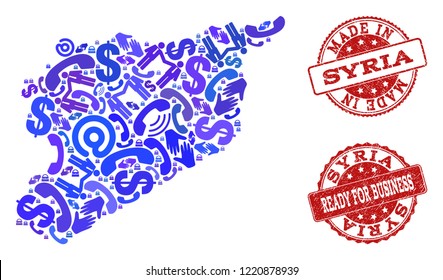 Business Contacts collage of blue mosaic map of Syria and unclean seals. Vector red seals with corroded rubber texture have MADE IN and READY FOR BUSINESS texts. Flat design for advertisement posters.