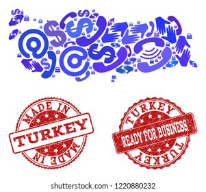 Business Contacts collage of blue mosaic map of Turkey and rubber seal stamps. Vector red imprints with scratched rubber texture have MADE IN and READY FOR BUSINESS texts.