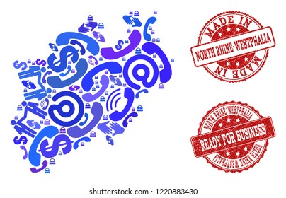 Business Contacts collage of blue mosaic map of North Rhine-Westphalia State and grunge seal stamps. Vector red watermarks with grunge rubber texture have MADE IN and READY FOR BUSINESS texts.