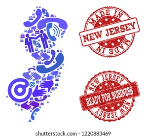 Business Contacts collage of blue mosaic map of New Jersey State and unclean seal stamps. Vector red imprints with unclean rubber texture have MADE IN and READY FOR BUSINESS texts.