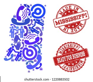 Business Contacts collage of blue mosaic map of Mississippi State and corroded seal stamps. Vector red seals with corroded rubber texture have MADE IN and READY FOR BUSINESS texts.